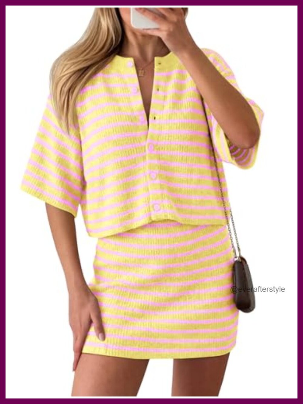 Women's Striped Knit 2 Piece Skirt Set Button Cardigan Mini Skirt